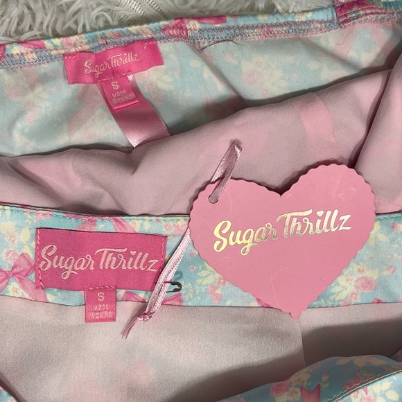 SUGAR THRILLZ No Misbehaving Bow Print Satin Mini Skirt Set Pastel Blue Pink S - Picture 11 of 15